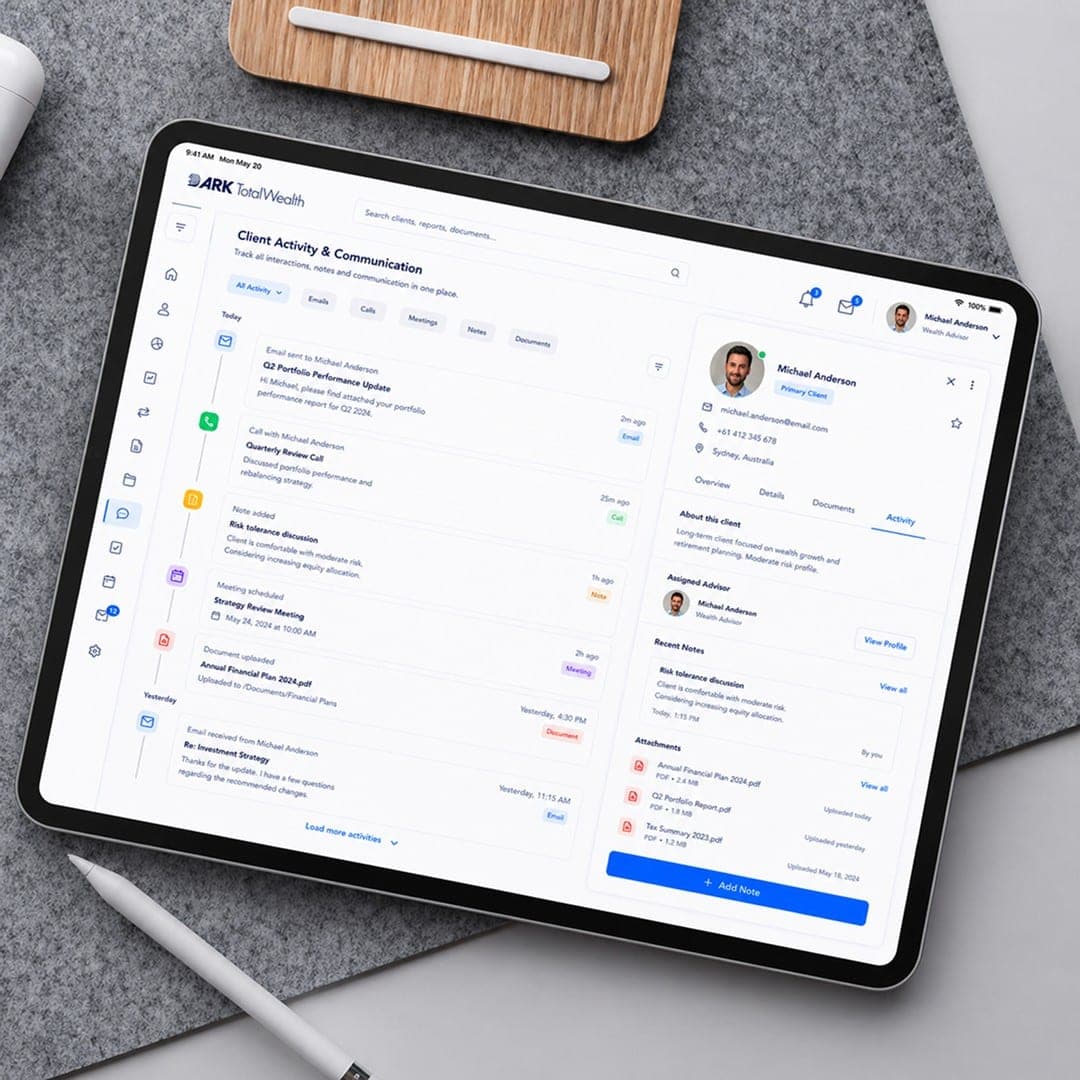 Client activity and communication timeline on a tablet