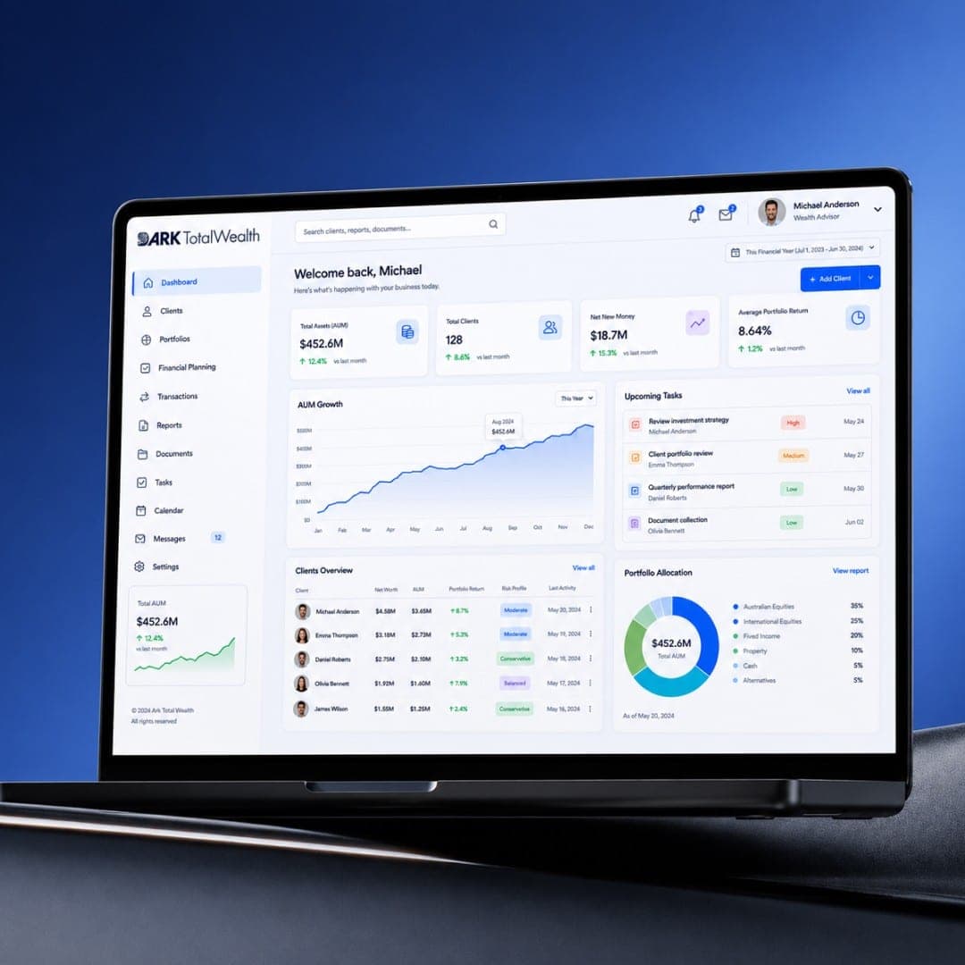 Ark TotalWealth advisor dashboard with assets under management and portfolio allocation on a laptop