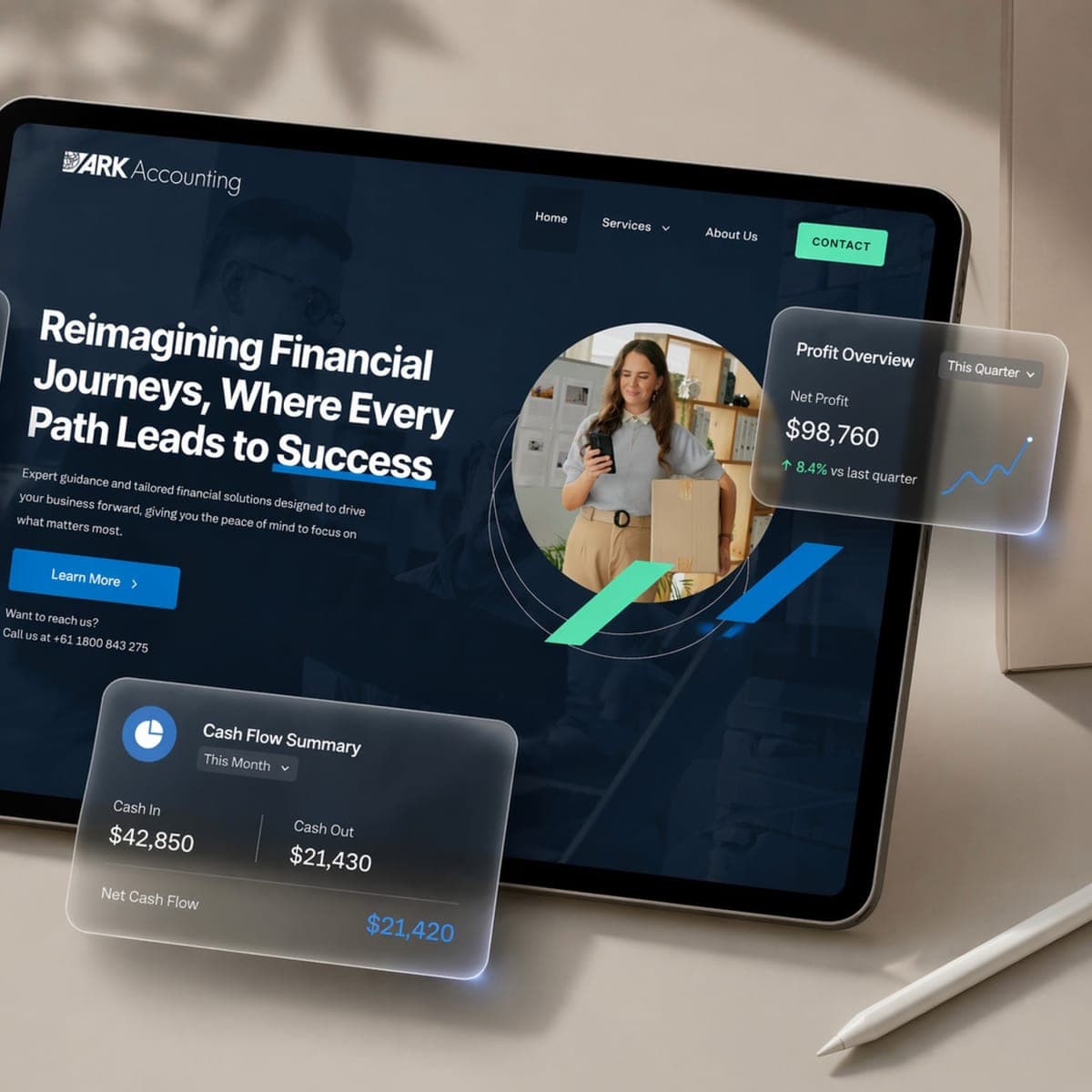 Ark Total Wealth website and cash-flow dashboard on a tablet