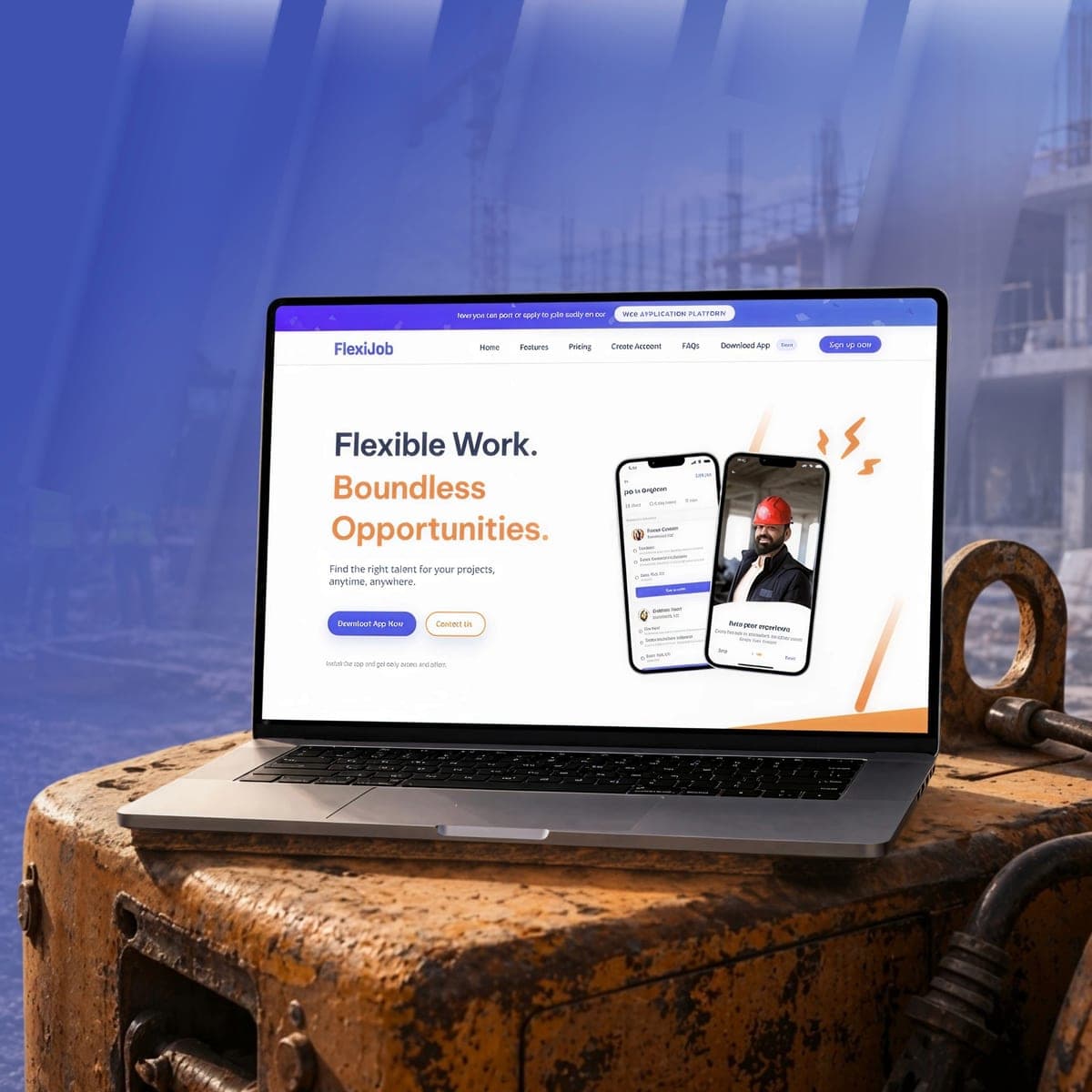 FlexiJob flexible-work marketplace on a laptop and two phones