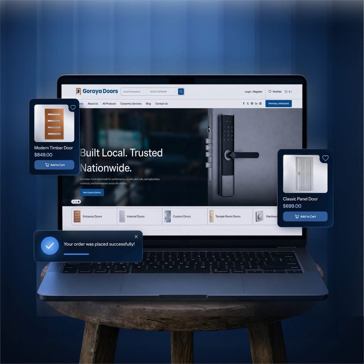 Goraya Doors online store with product cards shown on a laptop