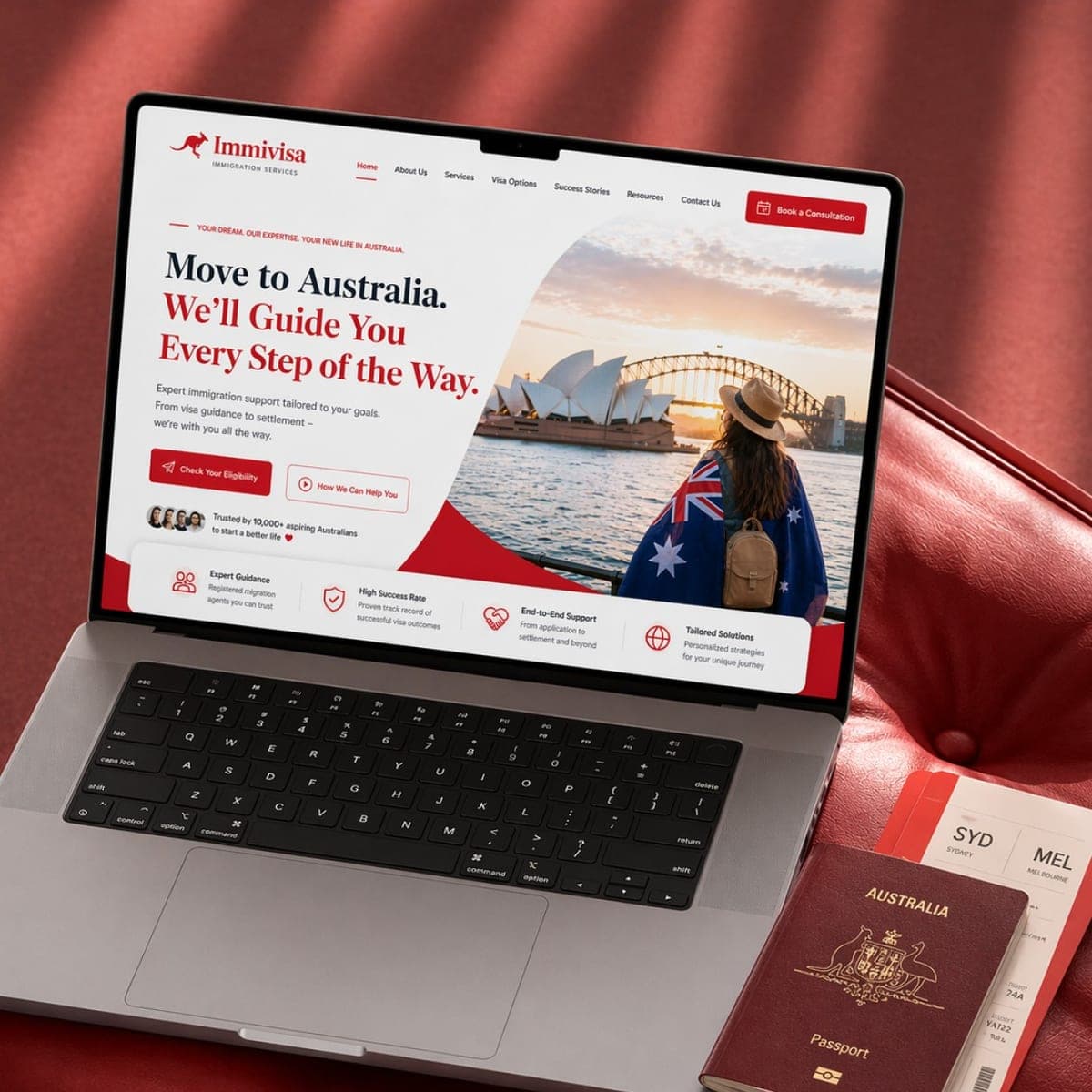 Migration agency website “Move to Australia” on a laptop with an Australian passport