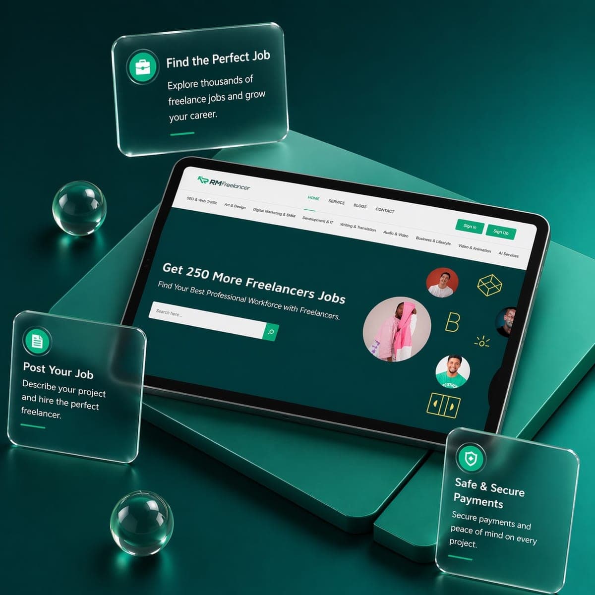 RM Freelancer job marketplace on a tablet with floating UI cards