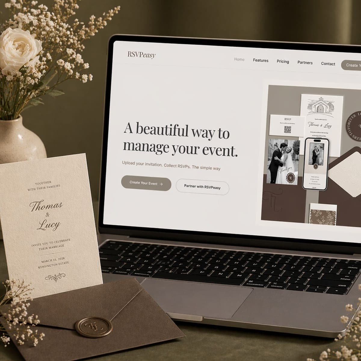 RSVPeasy event platform on a laptop beside a printed wedding invitation