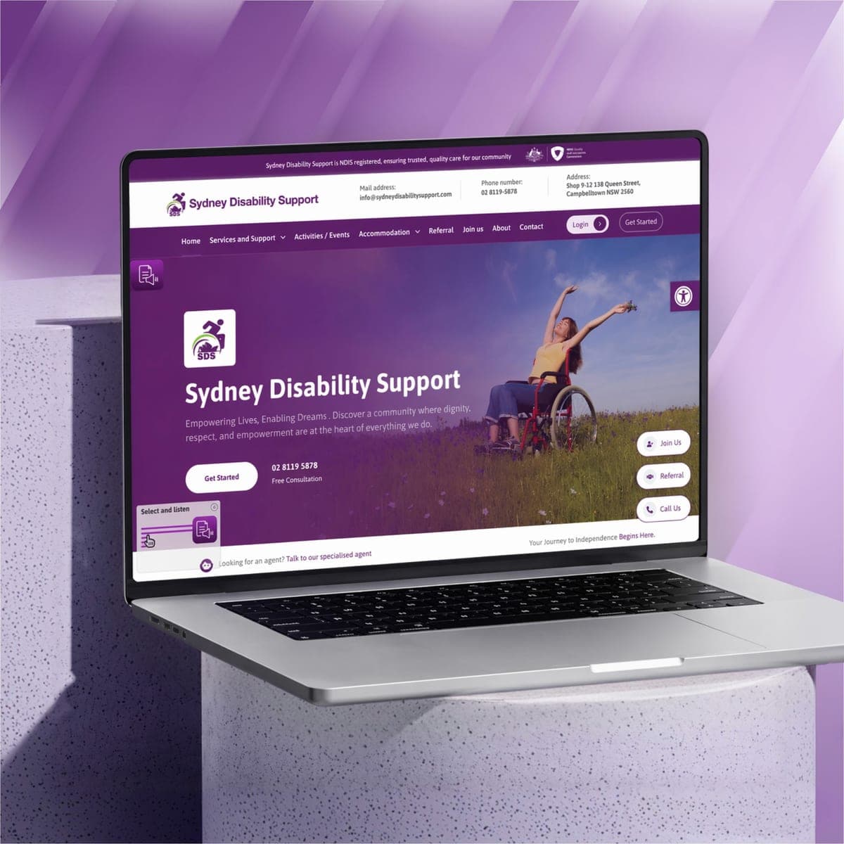 Sydney Disability Support website shown on a laptop