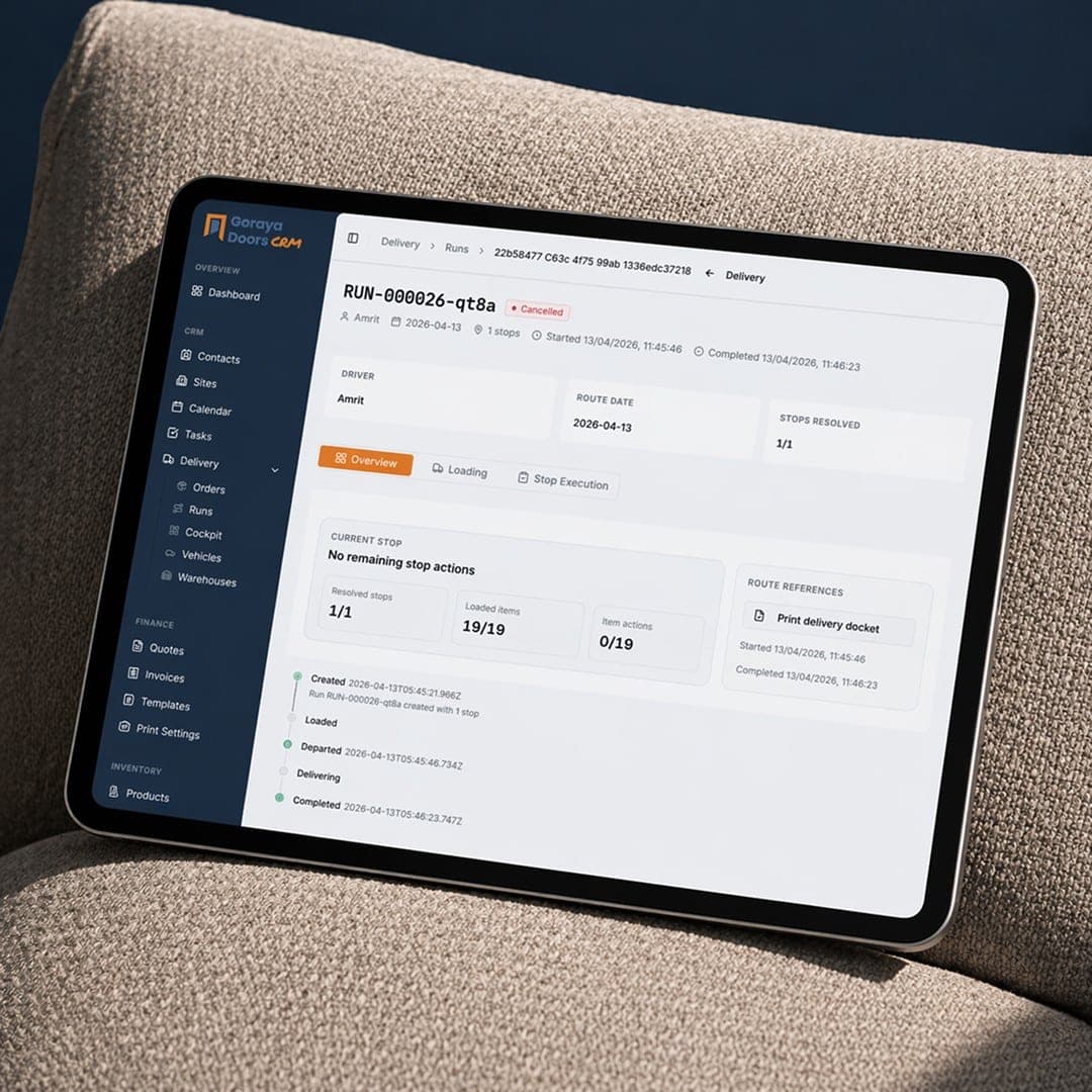 Goraya Doors CRM showing a delivery run on a tablet