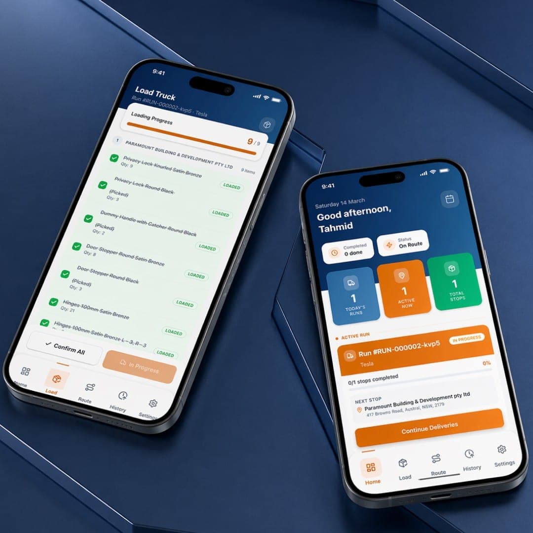 Goraya Doors driver app on two phones showing truck loading and an active delivery run