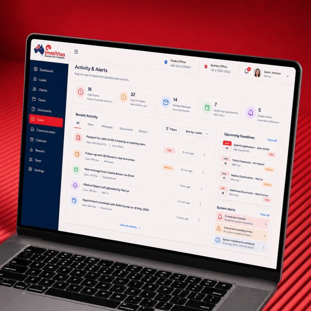 Activity and alerts screen listing recent case events on a laptop