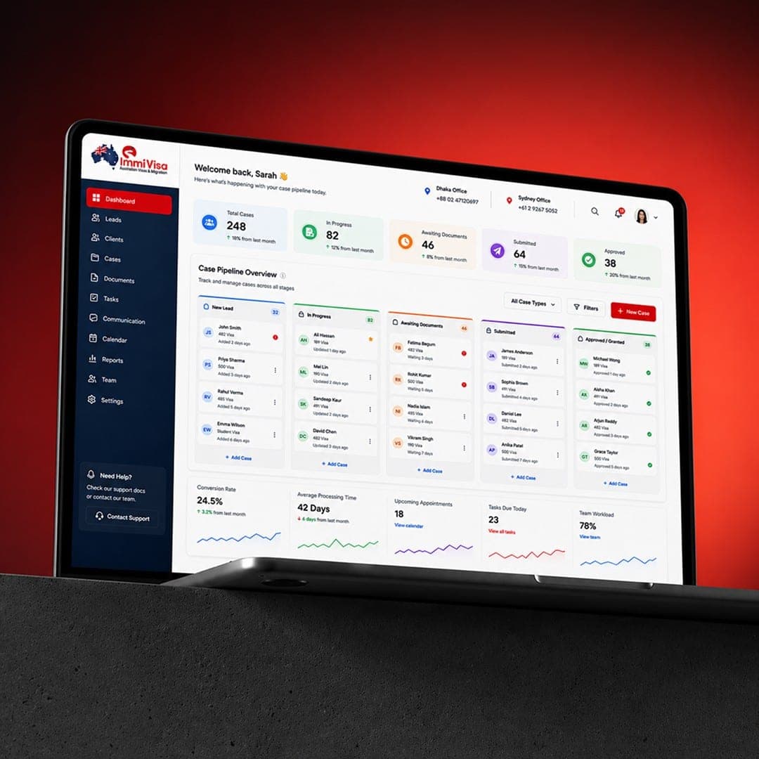 Migration agent dashboard with case pipeline overview on a laptop