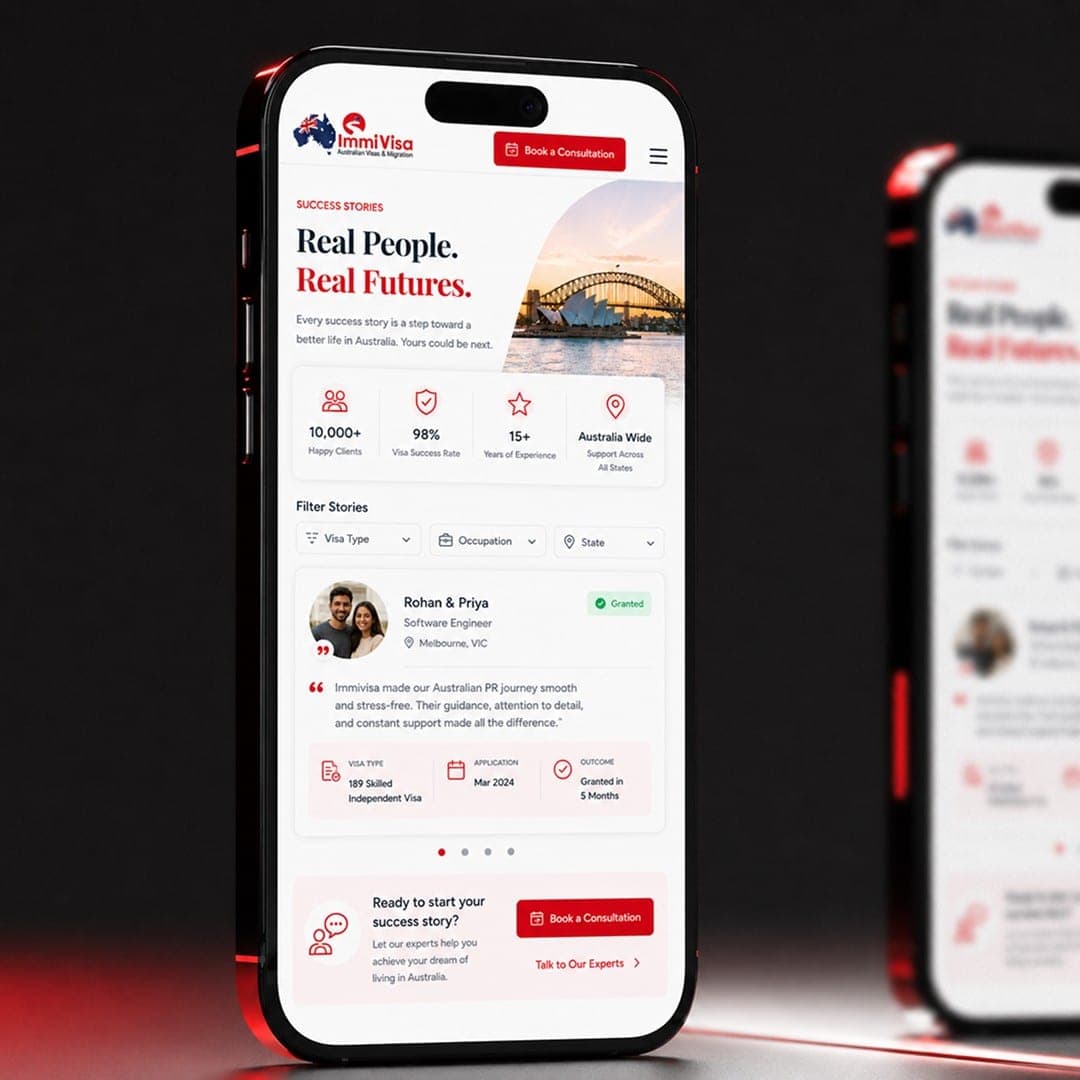 Client success stories page on a phone