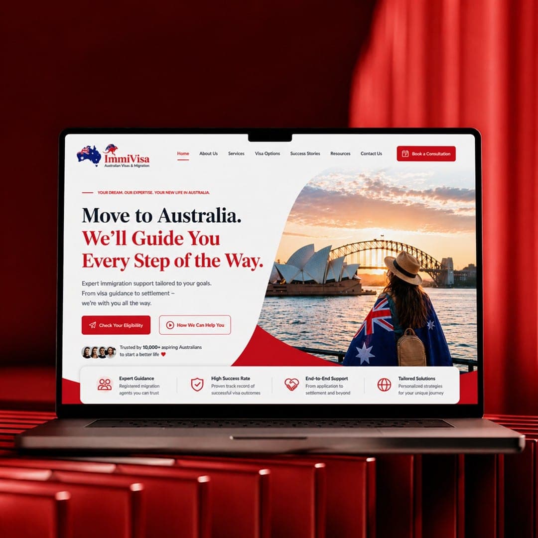 Migration agency website homepage on a laptop
