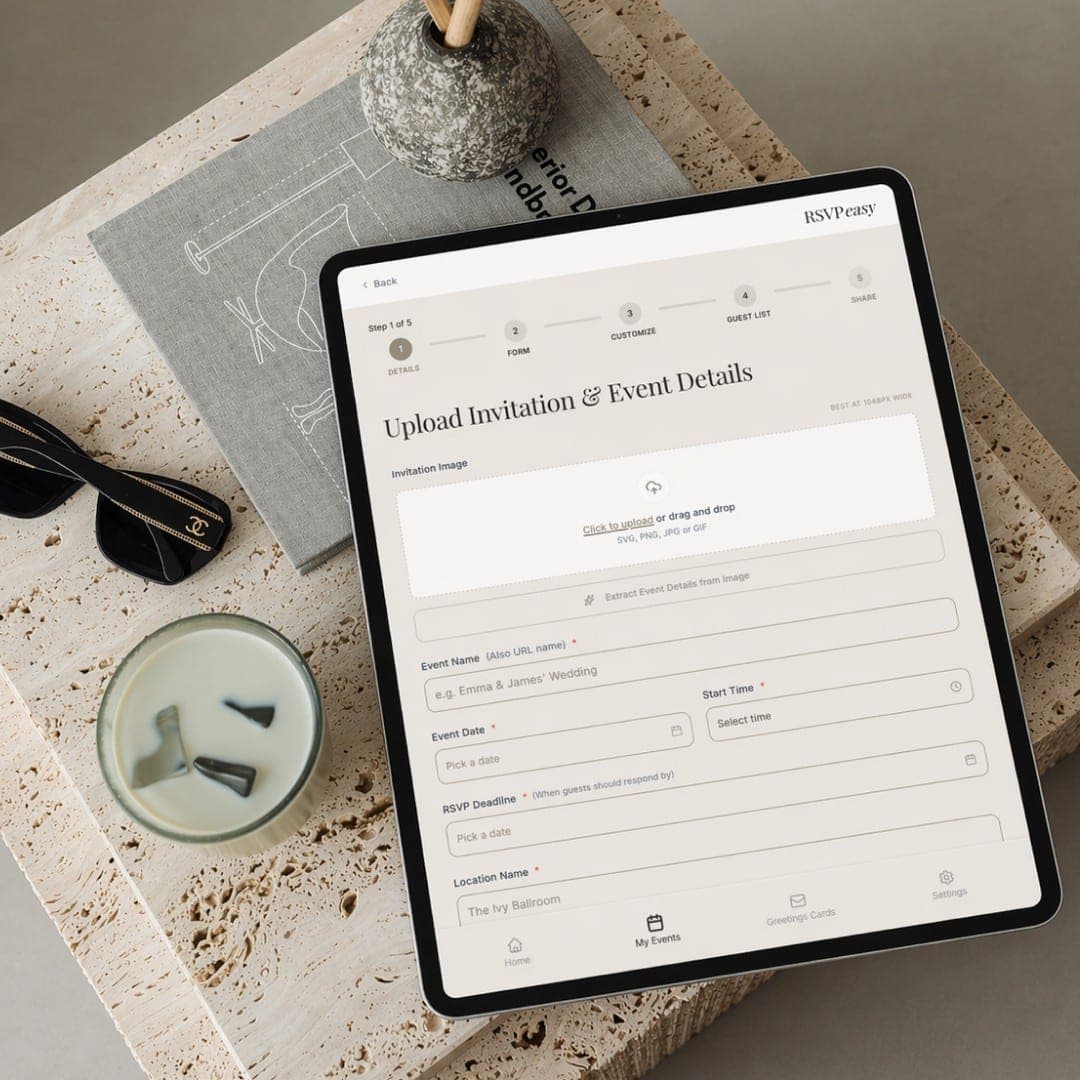Upload invitation and event details form on a tablet