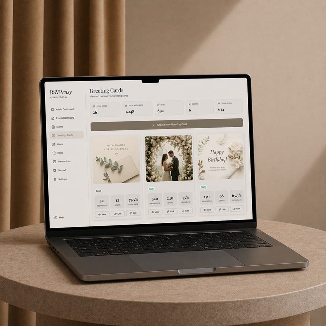RSVPeasy host dashboard with greeting card designs on a laptop