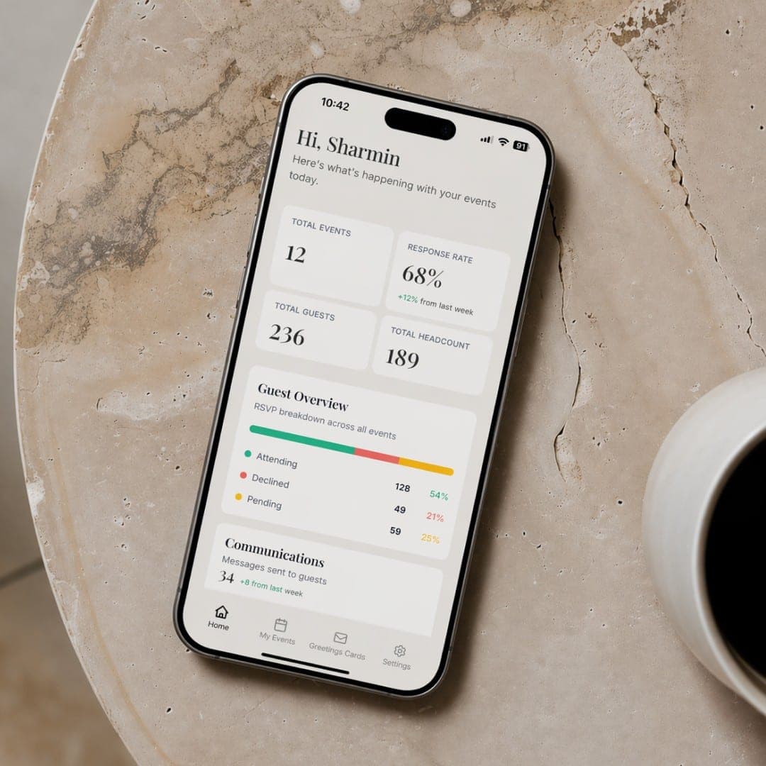 RSVPeasy host app showing events, response rate and guest overview on a phone