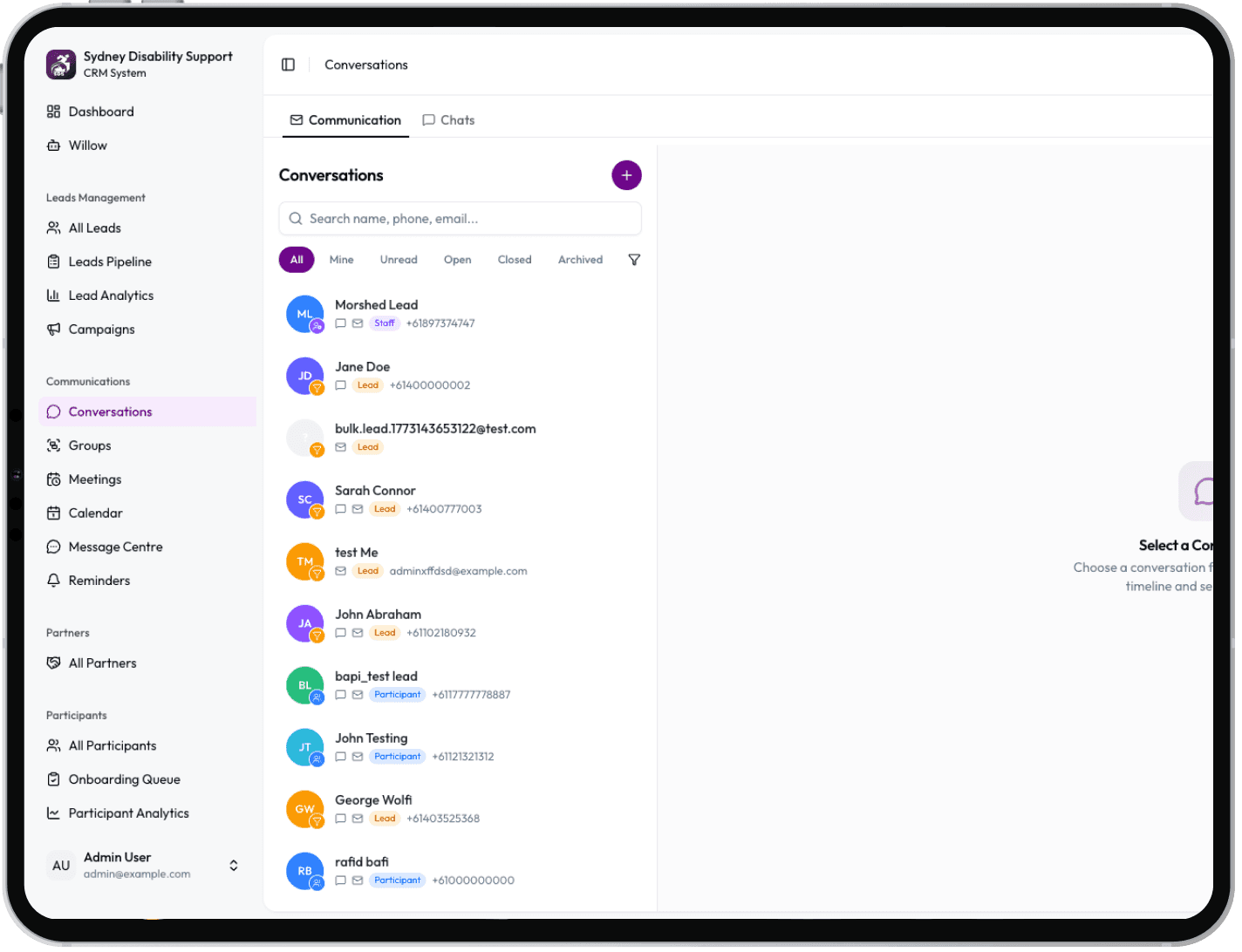 Unified conversations inbox for participants and staff