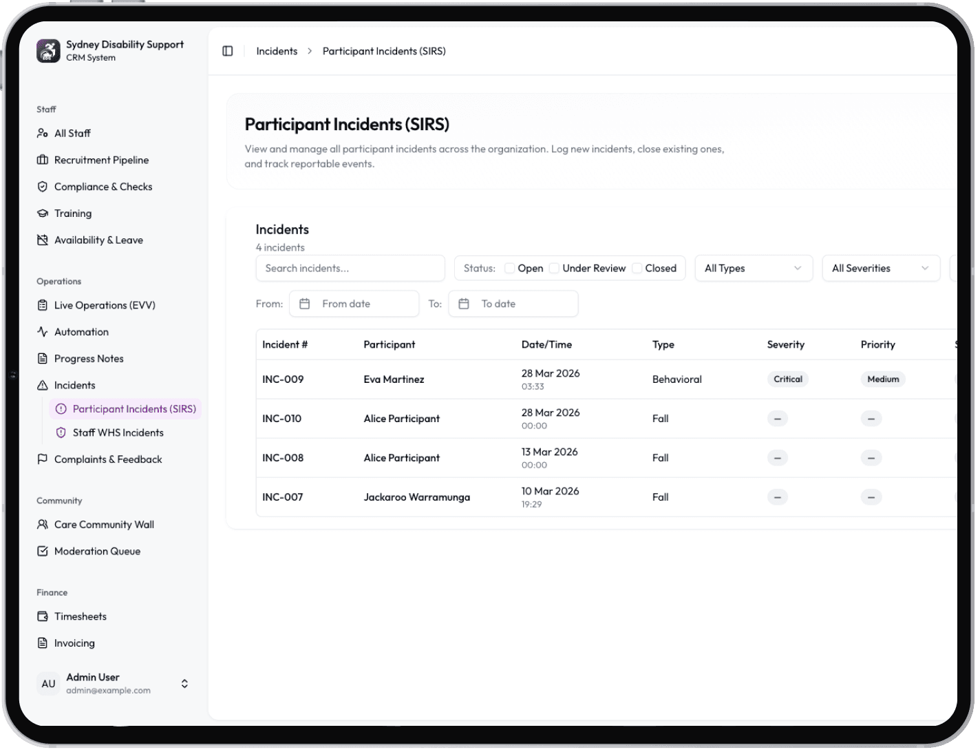Participant incident register with severity and status