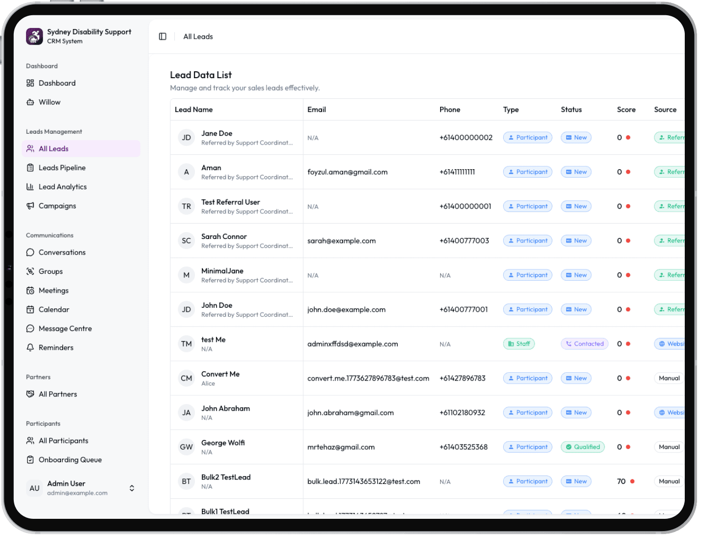 Next Gen NDIS Software leads list showing participant enquiries by source, status and AI score