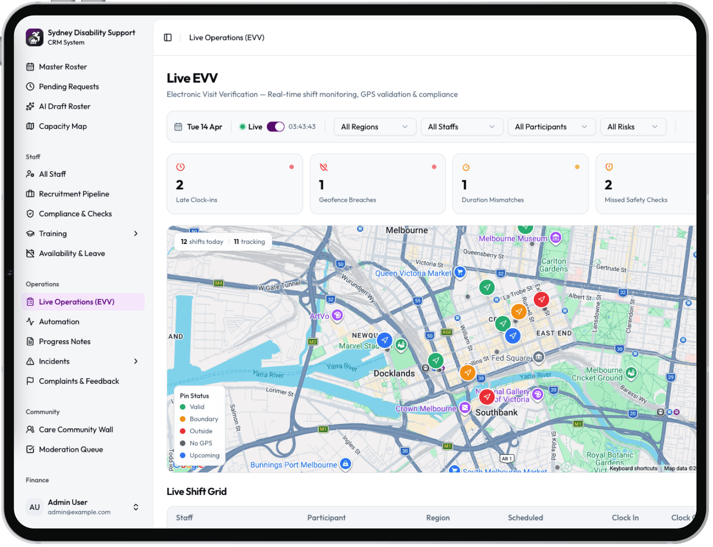 Live EVV dashboard mapping workers on shift