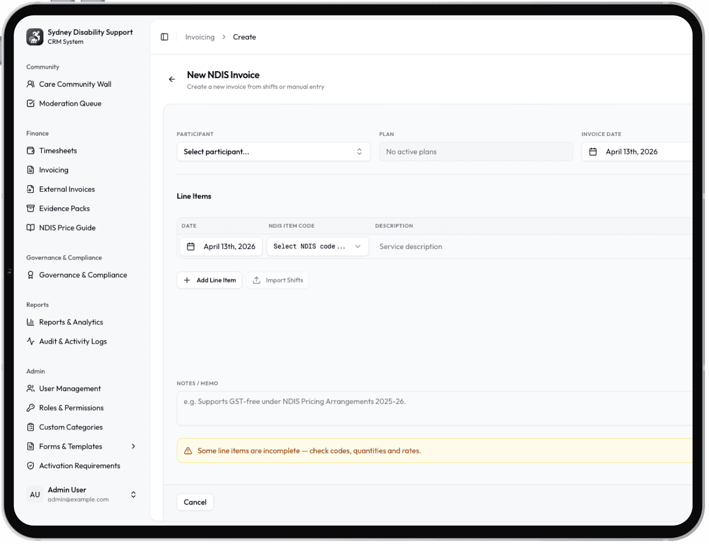 New NDIS invoice form with support item line items