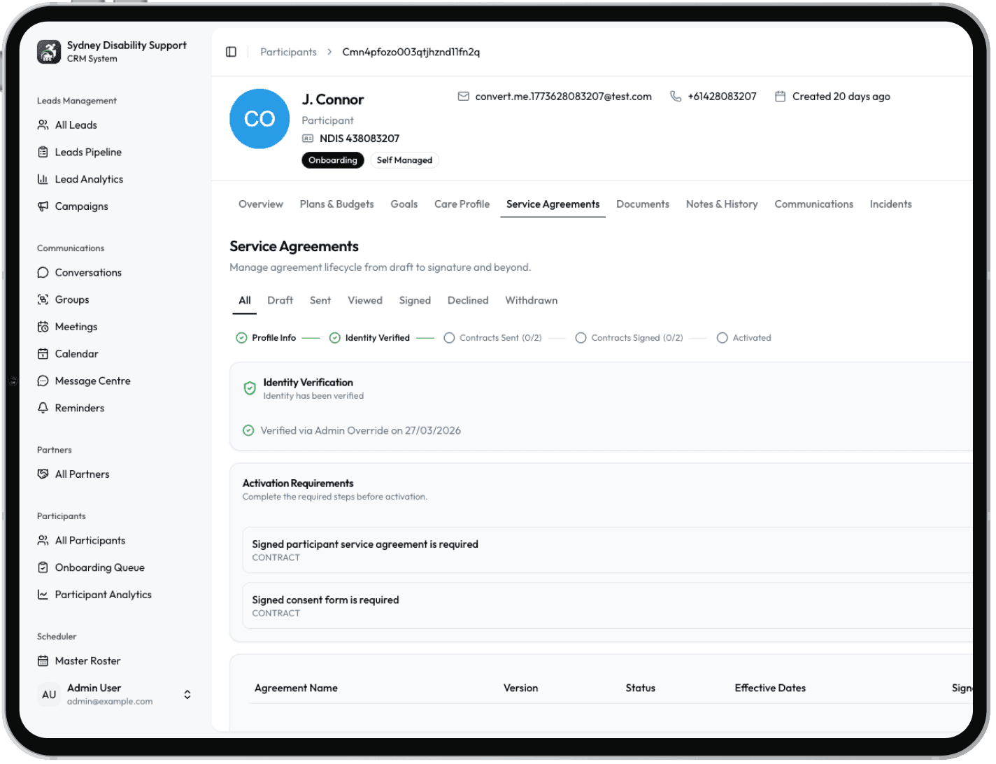 Participant profile showing service agreement and onboarding steps