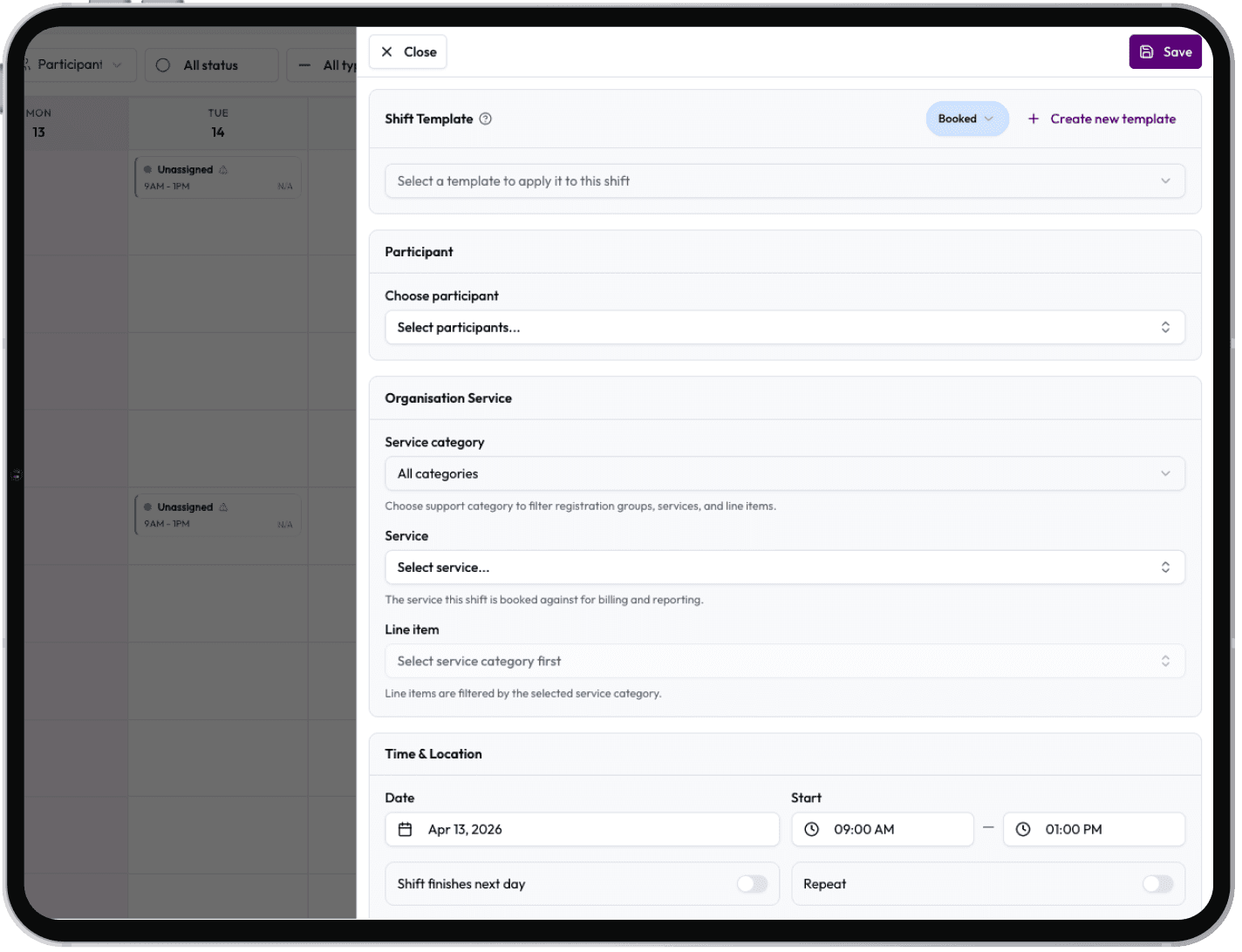 Shift editor with participant, NDIS support item and time fields