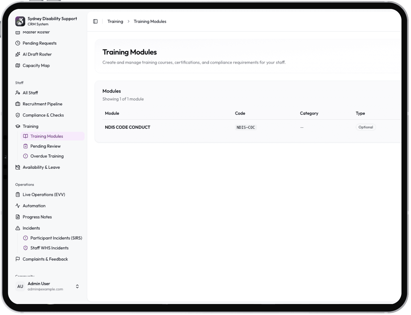 Training modules list for staff compliance