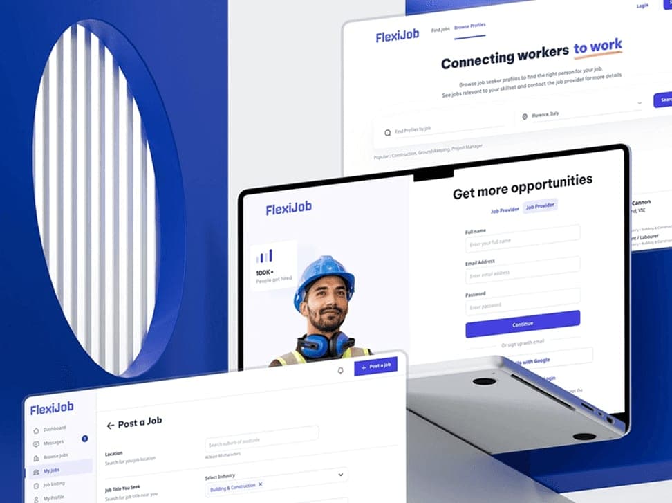 FlexiJob web platform on a laptop